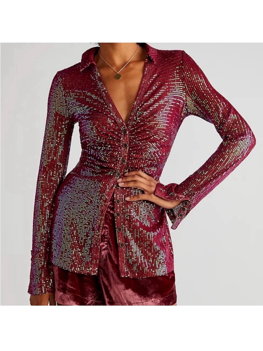 Free people Iridescent Wine Pink Sequin Button-Down Top